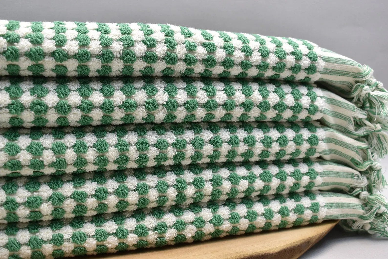 Bubble Green Terry Hand Towel Made from 100 Percent Turkish Cotton 38 Inch L x 20 Inch W with Fringe - Love Salve